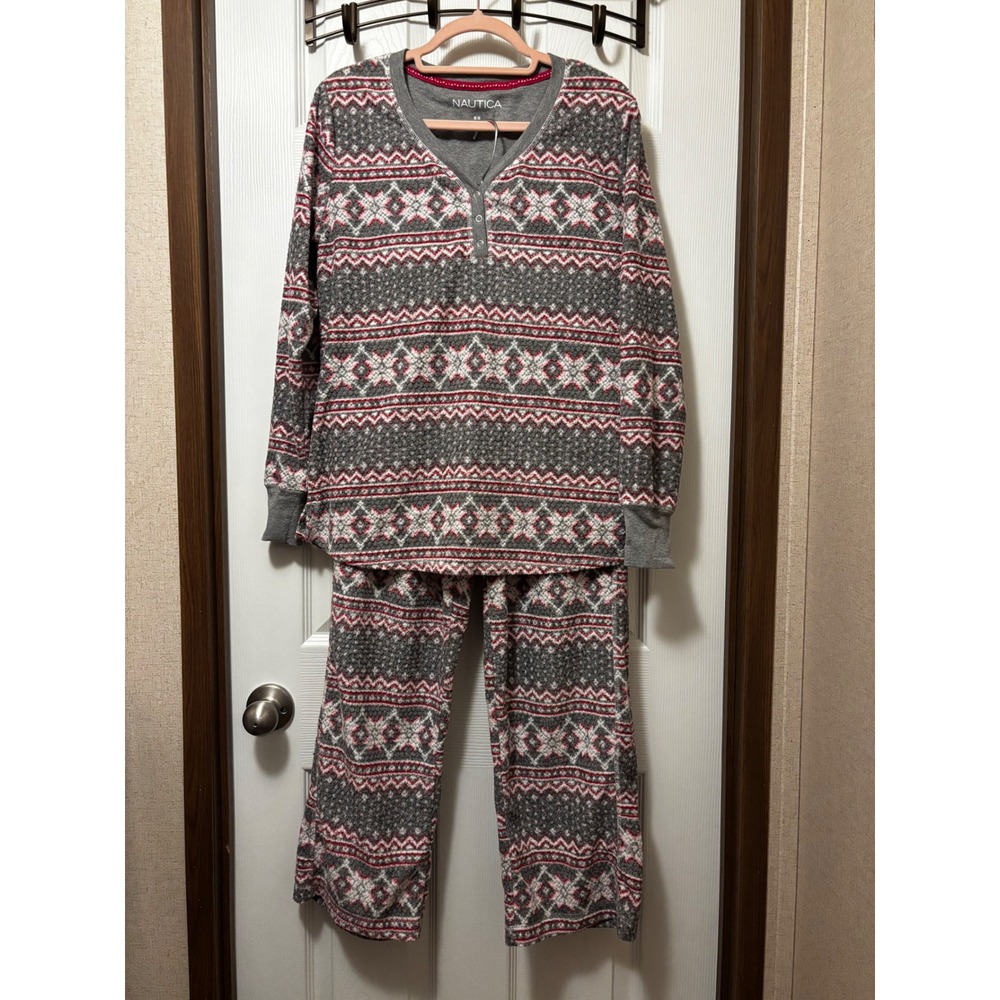 Nautica Womens Fair Isle Waffle Knit Pajama Set Grey Red Henley M